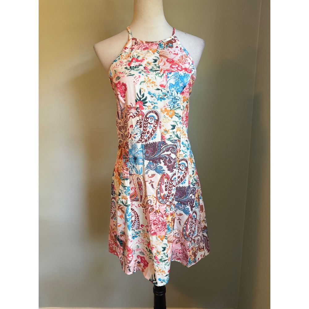 Boho Floral Paisley Patchwork Halter Mini Dress Multi whimsi cottage fairy retro